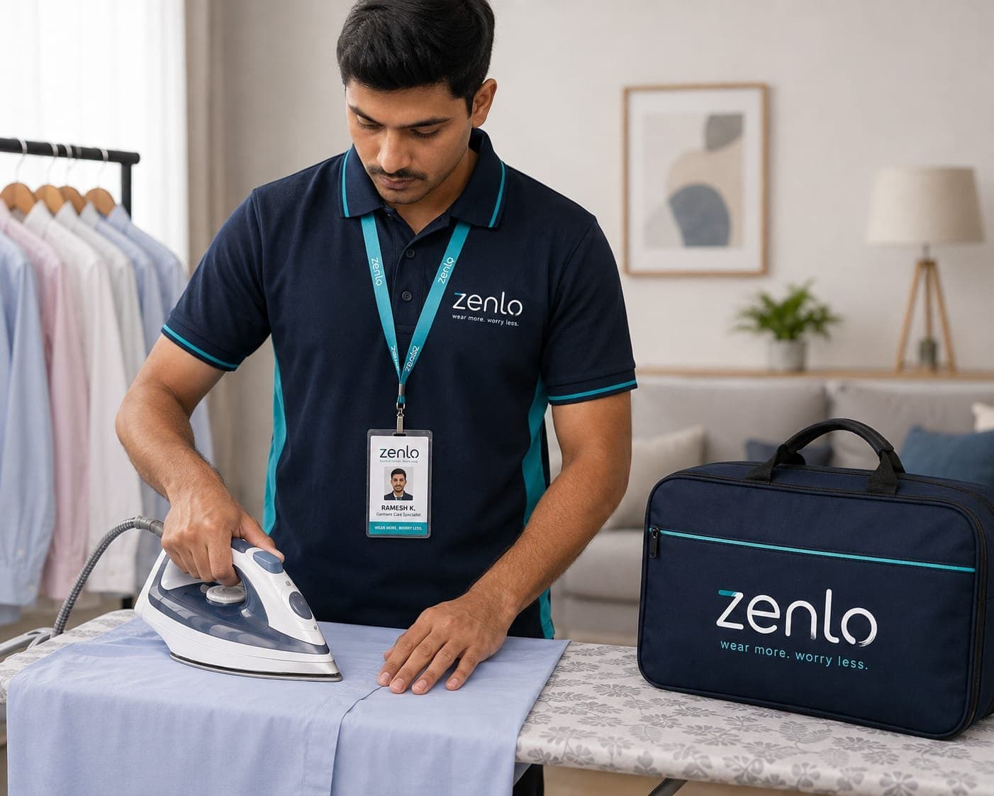 A Zenlo garment care specialist pressing a shirt